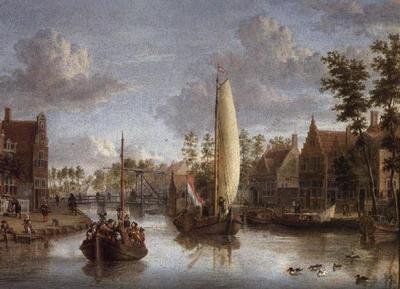 En kanal med pråmar av Jacobus Storck