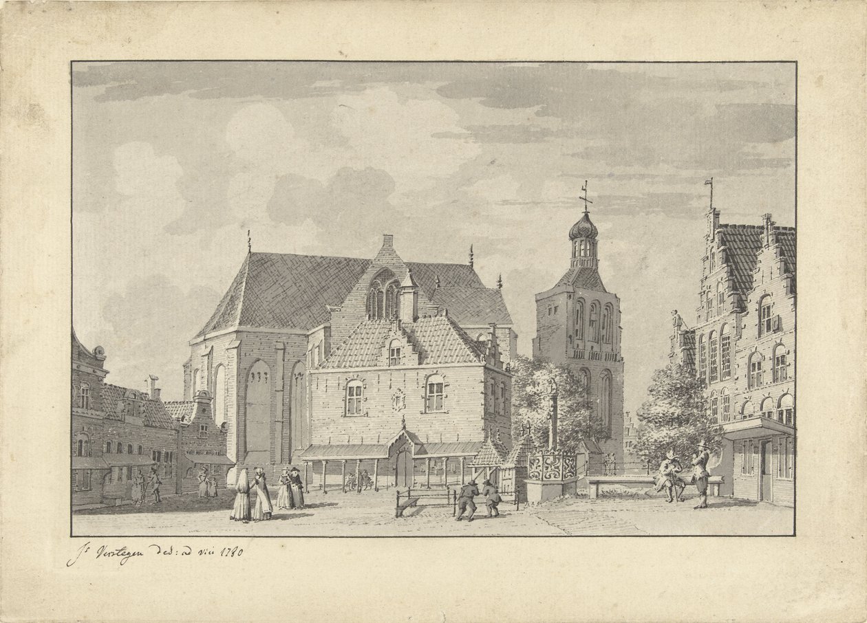 Kyrkan, våghuset och fiskmarknaden i Workum av Jacobus Versteegen