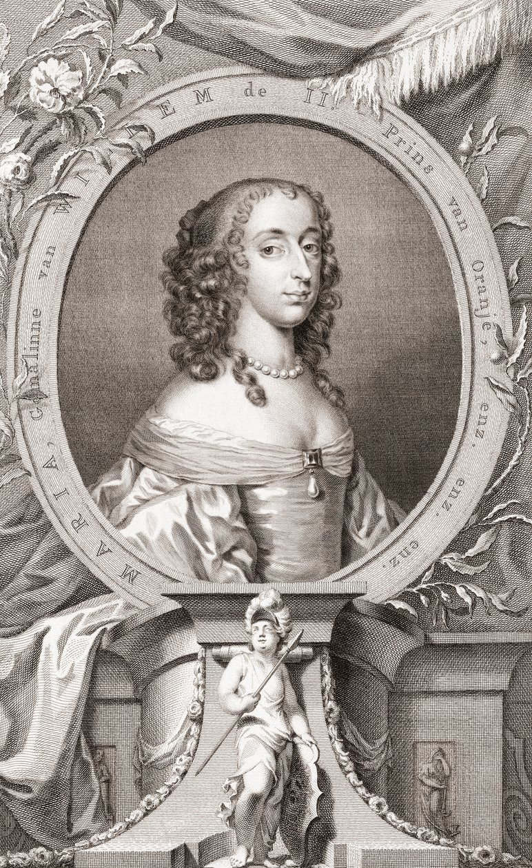 Mary, Princess Royal, Princess of Orange, Countess of Nassau (1631-60) Dotter till kung Charles I av England och hans fru Henrietta Maria av Frankrike, mor till kung William III av England (gravyr) av Jacobus and Vertue George Houbraken