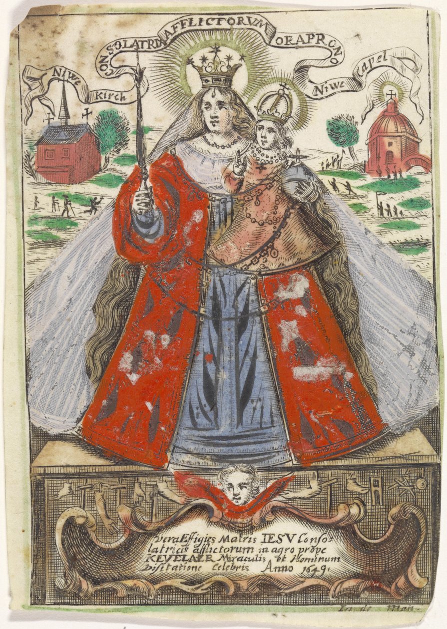 Maria med barn med två kyrkobyggnader bakom sig av Jacobus de Man (I)