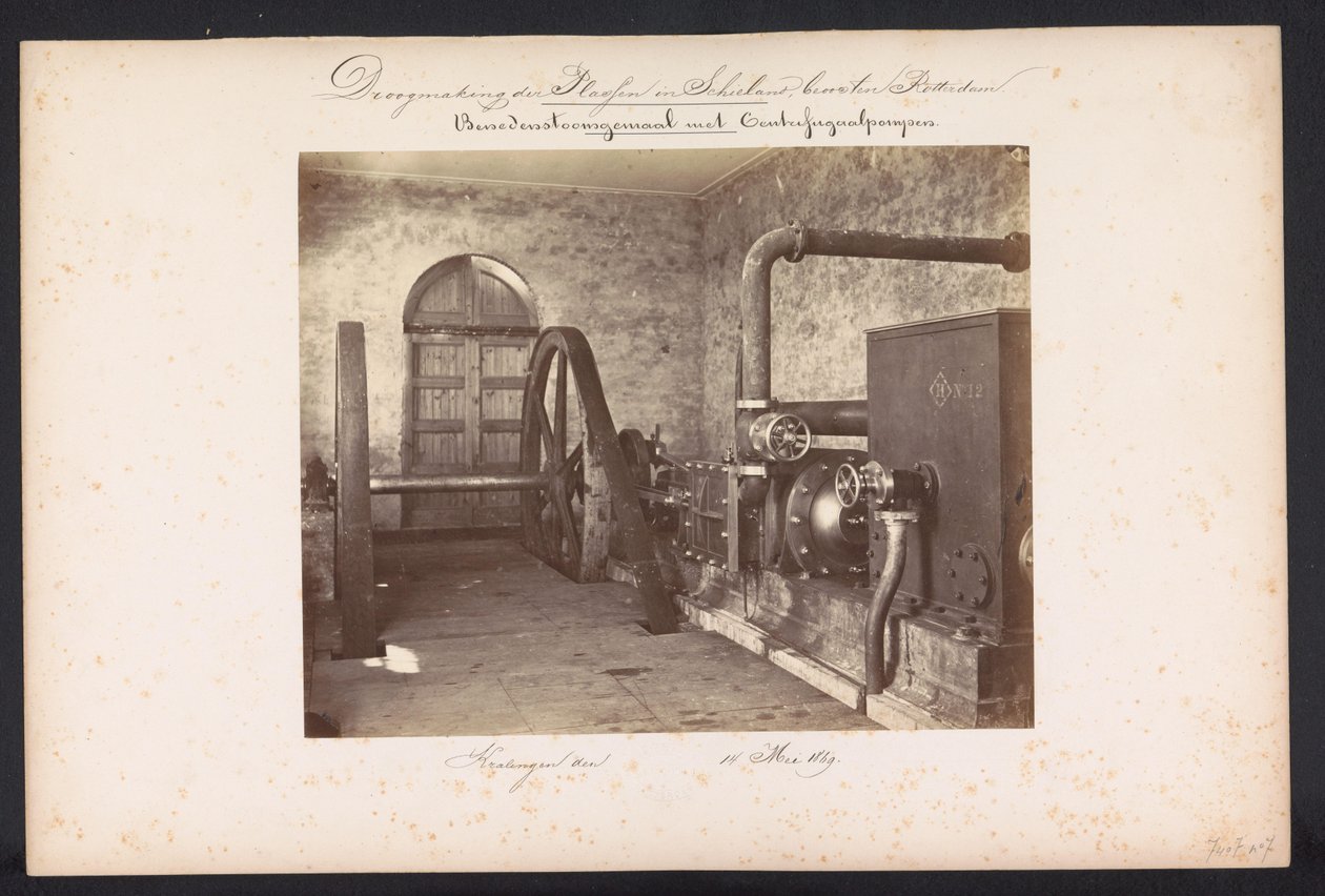Nedre ångpumpstation med centrifugalpumpar / Kralingen den 14 maj 1869 (titel på objekt) Dränering av Plassen i Schieland öster om Rotterdam (serietitel på objekt) av Jacobus van Gorkom jr.