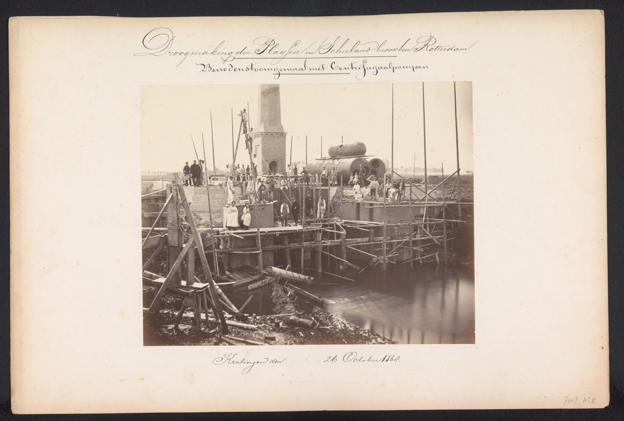 Ångpumpstation med centrifugalpumpar / Kralingen den 26 oktober 1868 (titel på objekt) Återvinning av sjöarna i Schieland öster om Rotterdam (serietitel på objekt) av Jacobus van Gorkom jr.