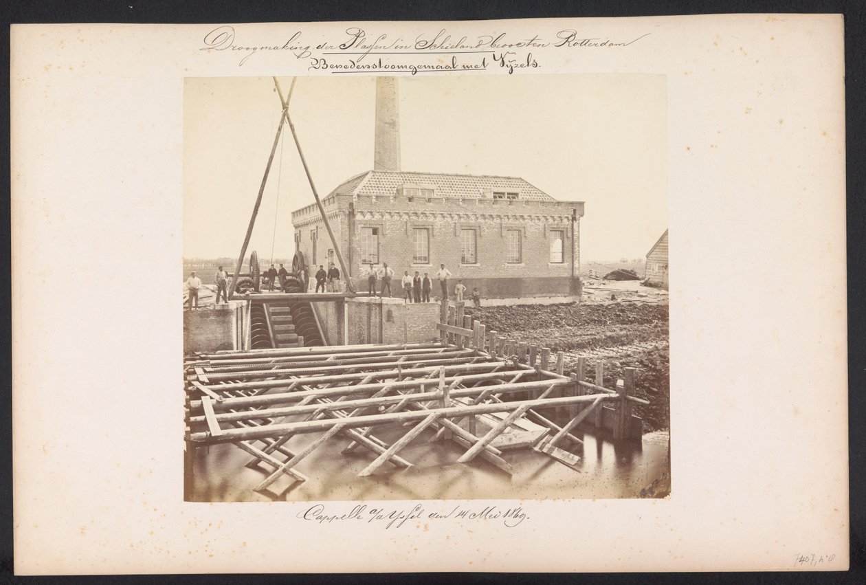 Nedan ångpumpstation med Vijzels / Capelle aan den IJssel den 14 maj 1869 (titel på objekt) Återvinning av sjöarna i Schieland öster om Rotterdam (serietitel på objekt) av Jacobus van Gorkom jr.