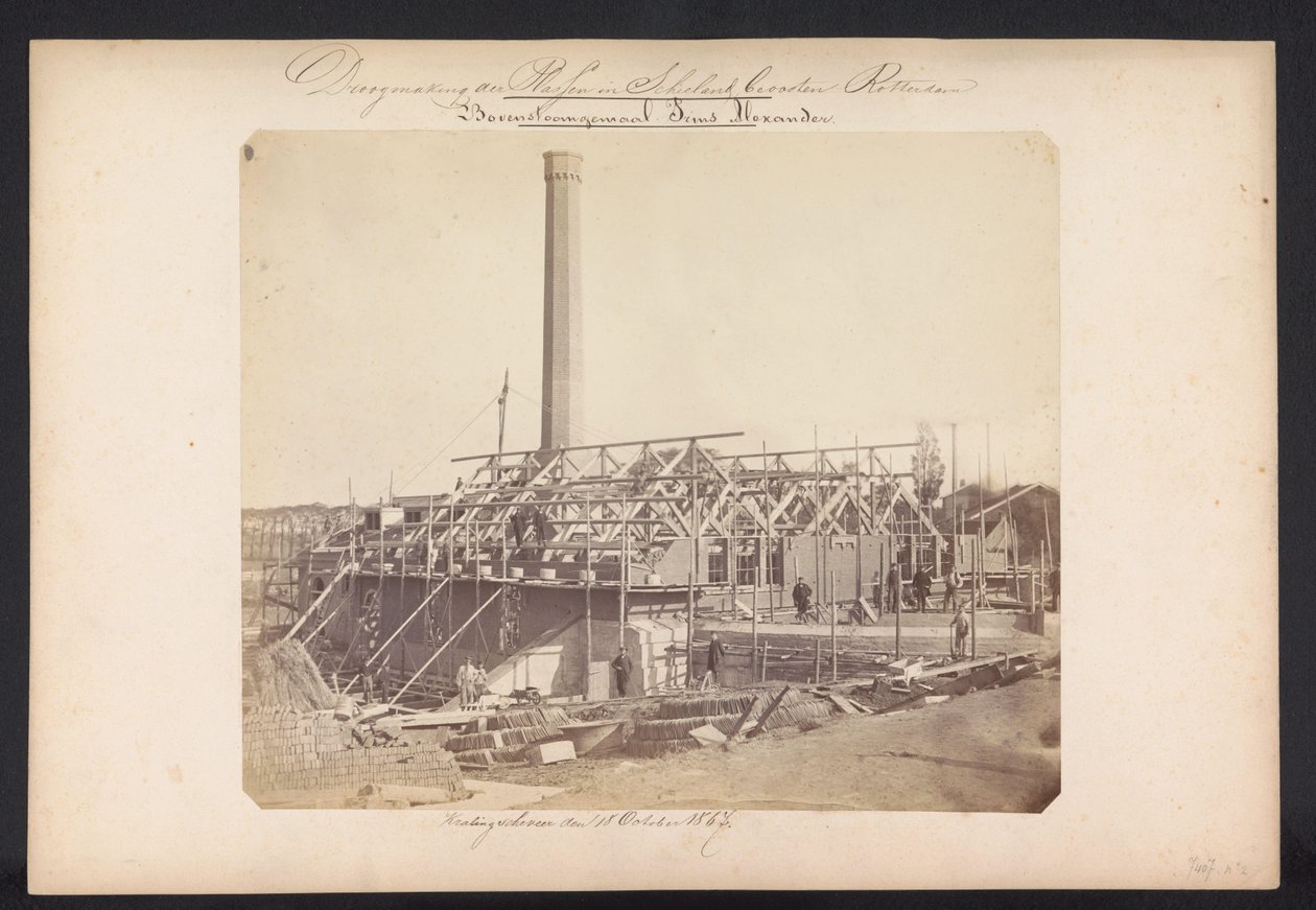 Bovenstoom pumpstation Prins Alexander / Kralingscheveer den 18 oktober 1867 (titel på objekt) Återvinning av sjöarna i Schieland öster om Rotterdam (serietitel på objekt) av Jacobus van Gorkom jr.