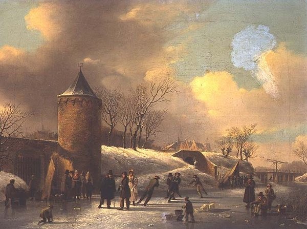 Skridskoåkare på en frusen vattenväg vid ett torn av Jacobus van der Stok