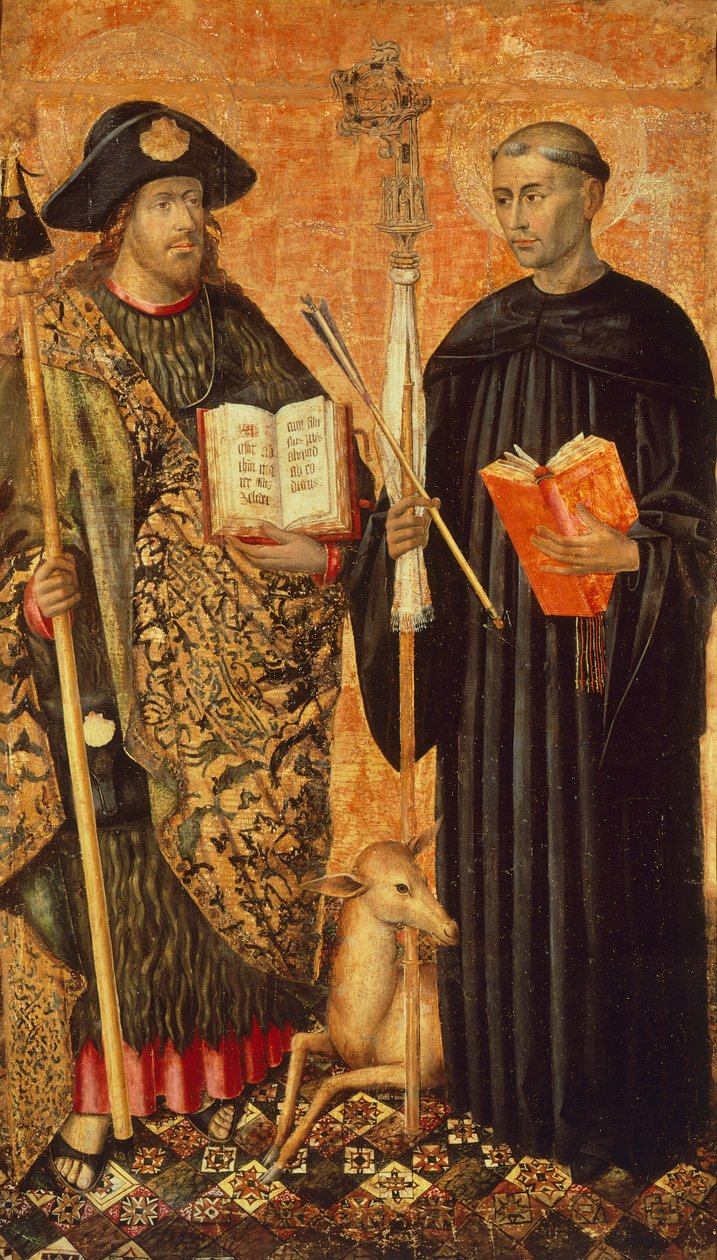 Sankt Jakob av Compostela representerad i pelerin med stav, hatt och skal. och eremiten Saint Gilles (600-talet), ca 1450 (tempera och olja på panel) av Jacomart (c.1413 61) Baco