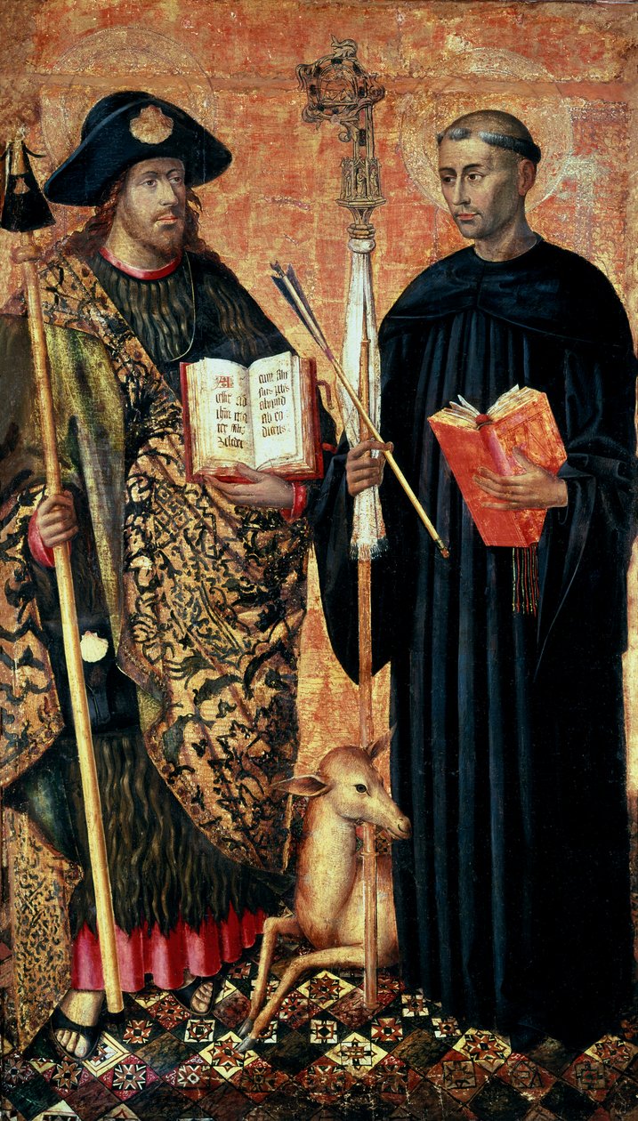 Sankt Jakob av Compostela representerad i pelerin med stav, hatt och skal. och eremiten Saint Gilles (600-talet), ca 1450 (tempera och olja på panel) av Jacomart (c.1413 61) Baco