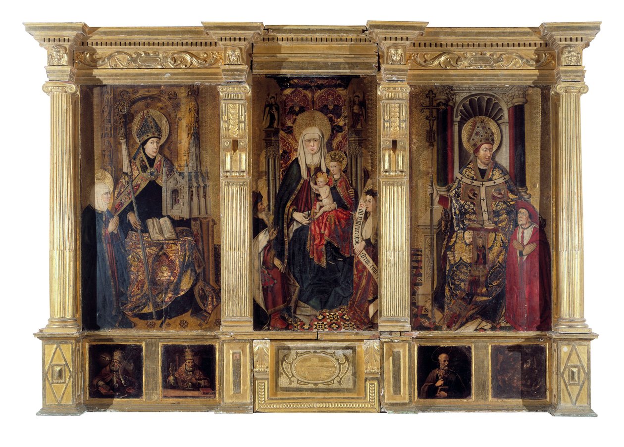 Altartavlan av Sankt Ildefonso (död 667, biskop av Tolede) och Sankt Augustinus av Hippo (ca 354-430, berberfilosof och författare). Målning av Jaume Baco dit Jacomart (1410-1461). Olja på trä, ca 1450, renässanskonst. Cathedrale Sainte Marie la Seu av Jacomart (c.1413 61) Baco