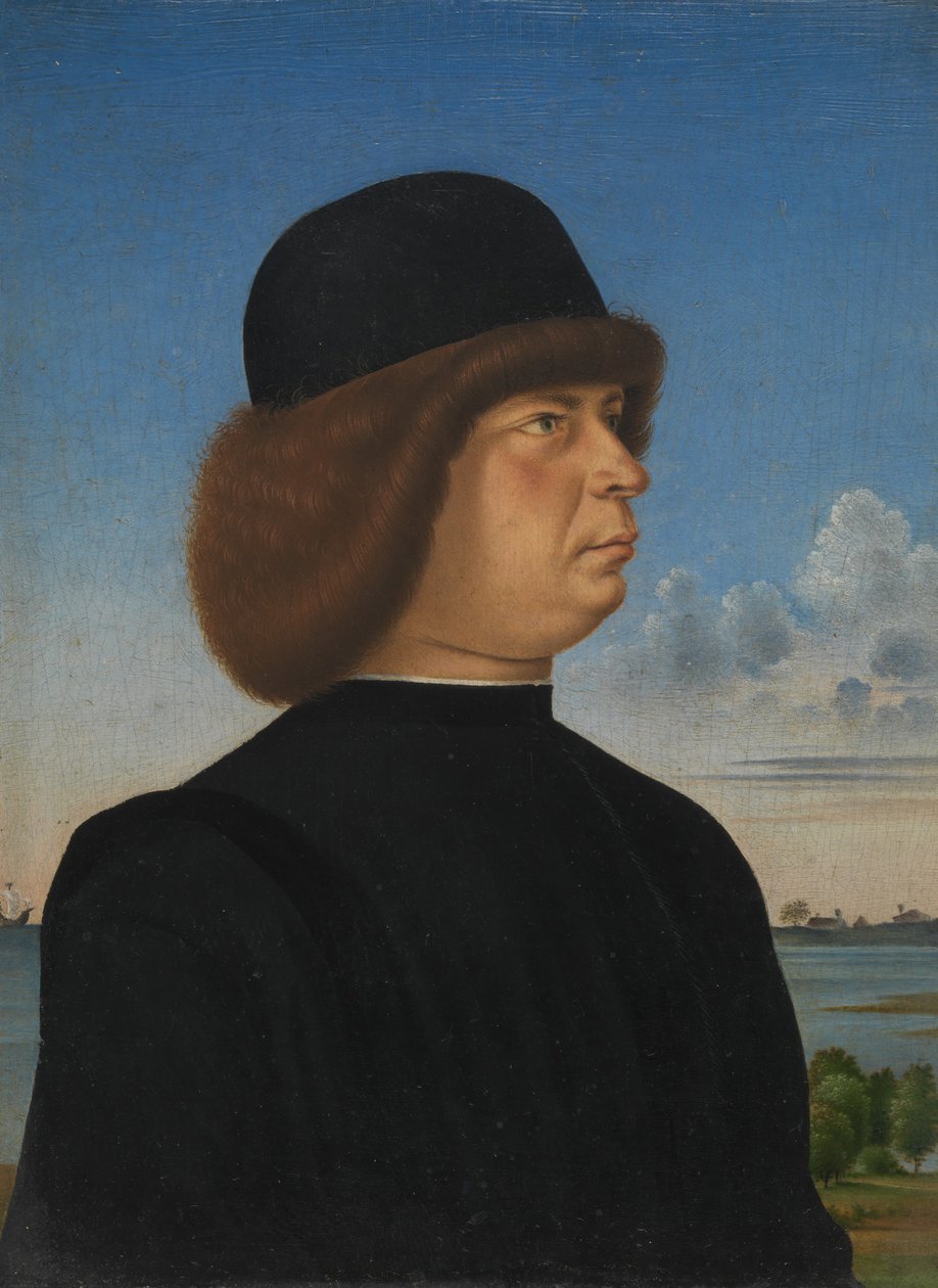 Porträtt av Alvise Contarini, mot A Tethered Roebuck, ca. 1485-95. av Jacometto Veneziano