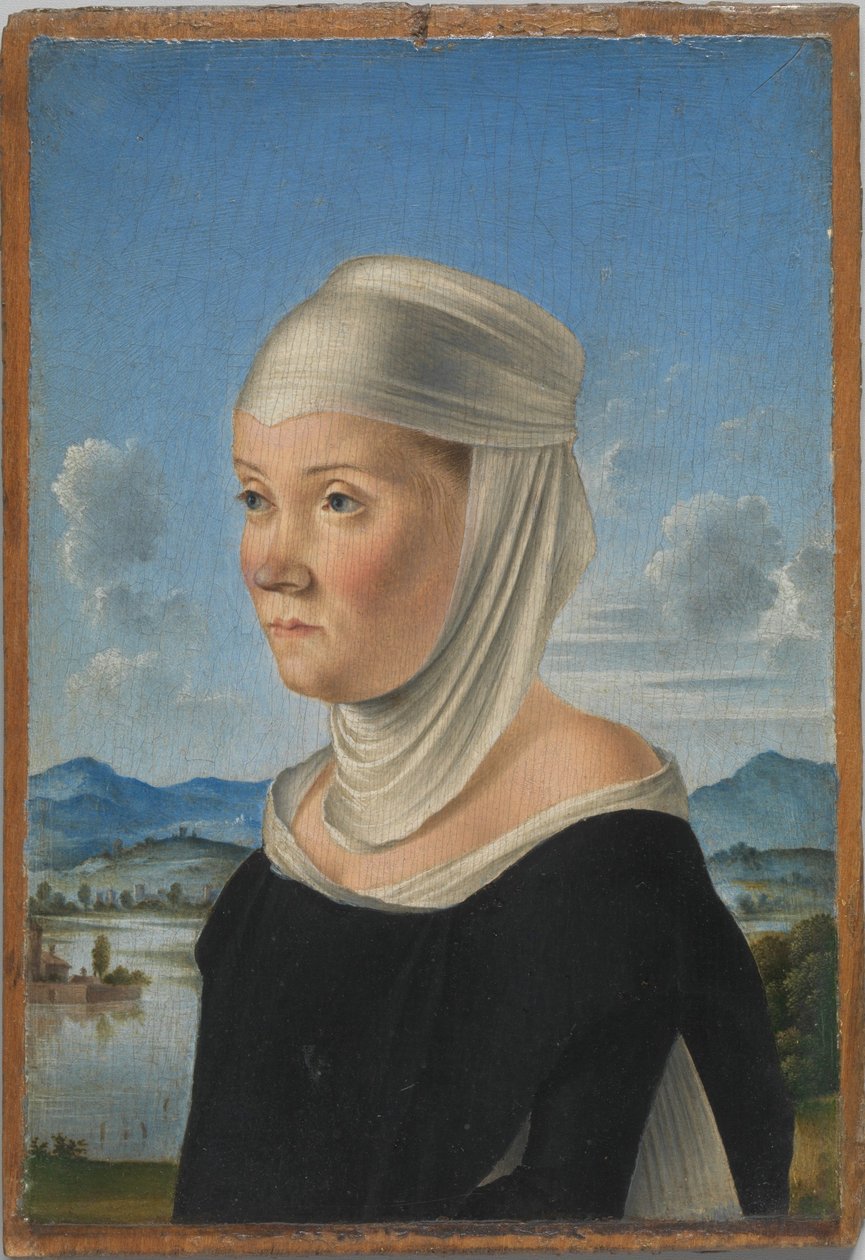 Porträtt av en kvinna, möjligen en nunna från San Secondo; (a tergo) Scen i Grisaille av Jacometto Veneziano