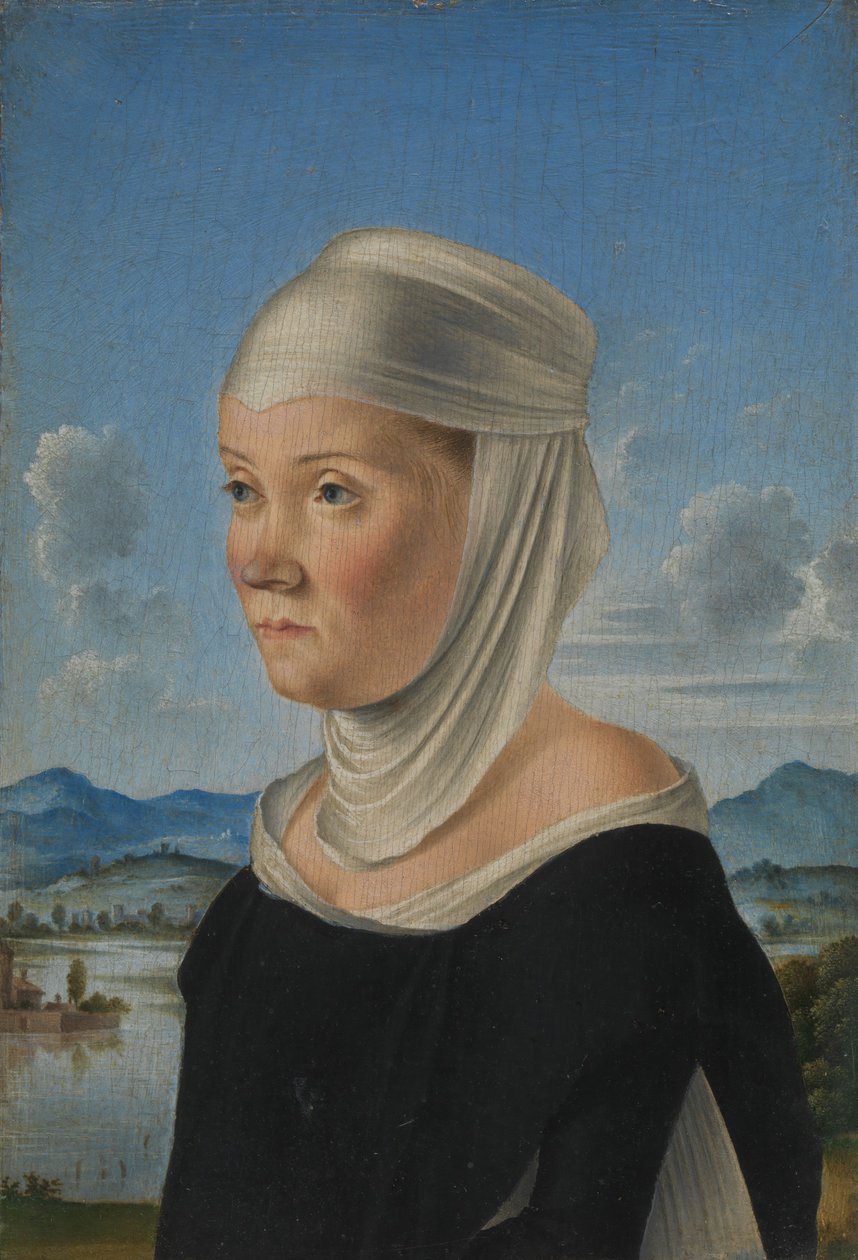 Porträtt av en kvinna, möjligen en nunna i San Secondo, på andra sidan scen i Grisaille, ca. 1485-95. av Jacometto Veneziano