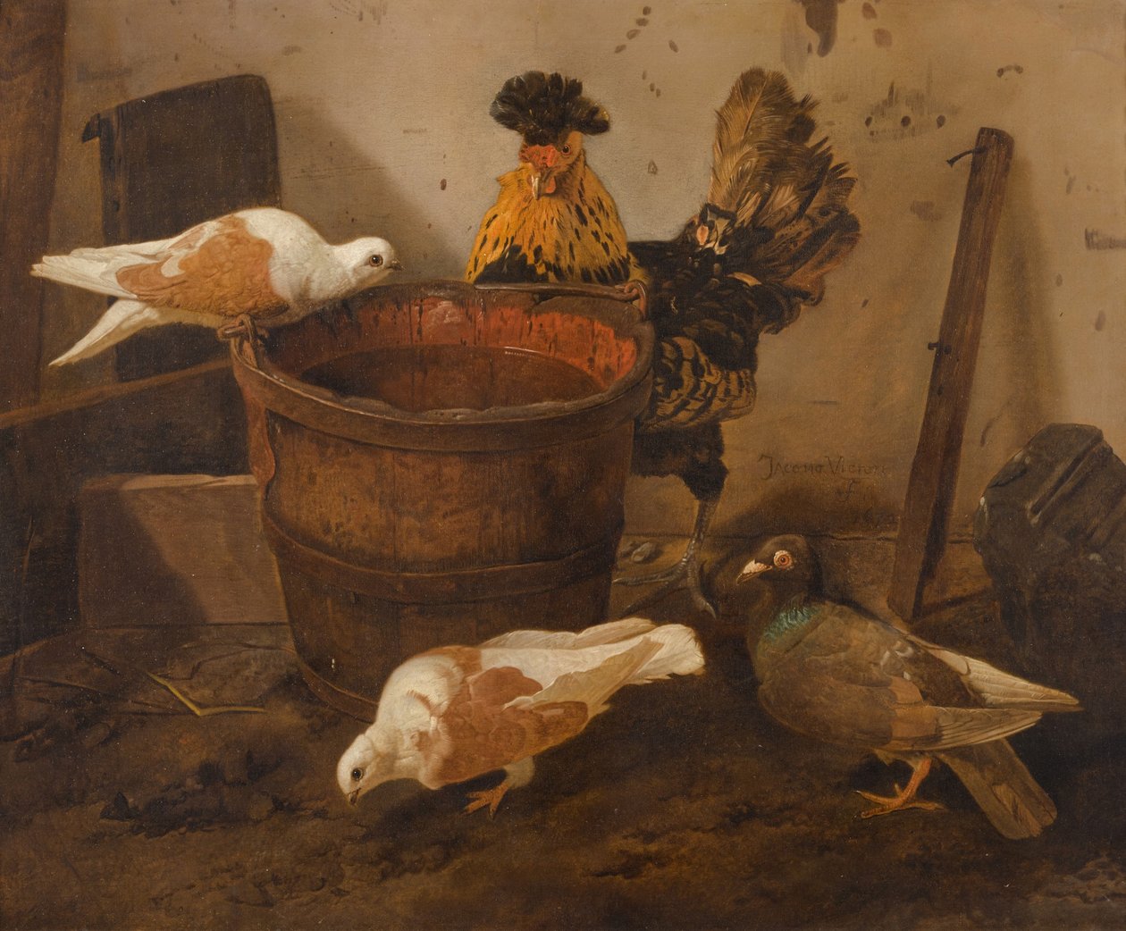 Tre duvor och en tupp vid en hink med vatten av Jacomo Victors