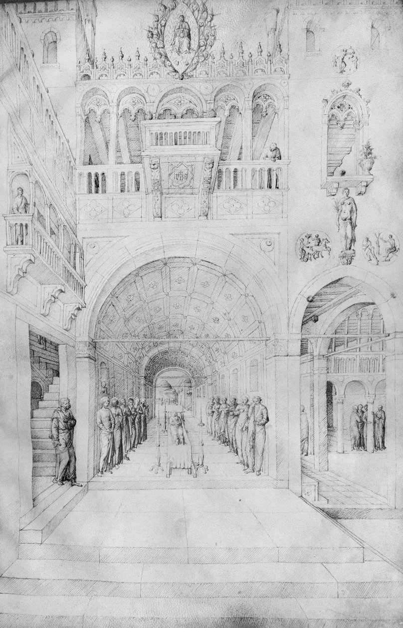 Jungfruns död i den rika arkitekturen i ett venetianskt palats, från Jacopo Bellinis album med ritningar (penna och bläck på veläng) av Jacopo Bellini
