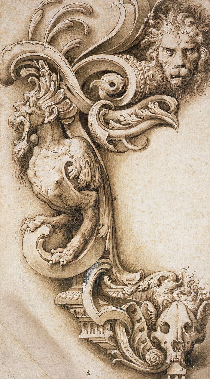 Grotesque Scroll (penna och brunt bläck på papper) av Jacopo Ligozzi