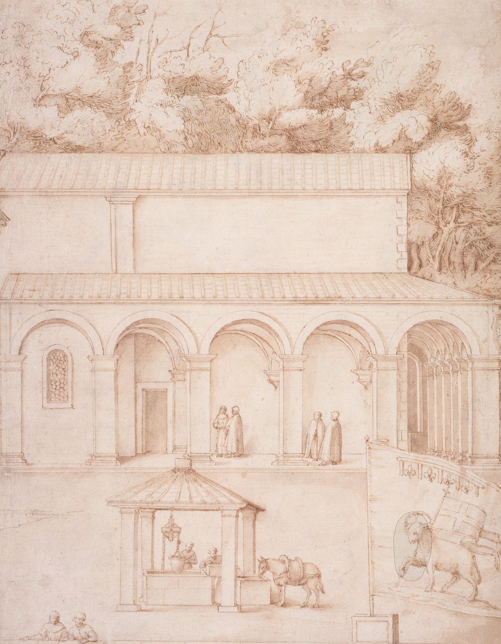 PD.54-1997 Utsikt över klostret La Verna, gården och brunnen, c.1607-12 (tvätt, penna och bläck på papper) av Jacopo Ligozzi