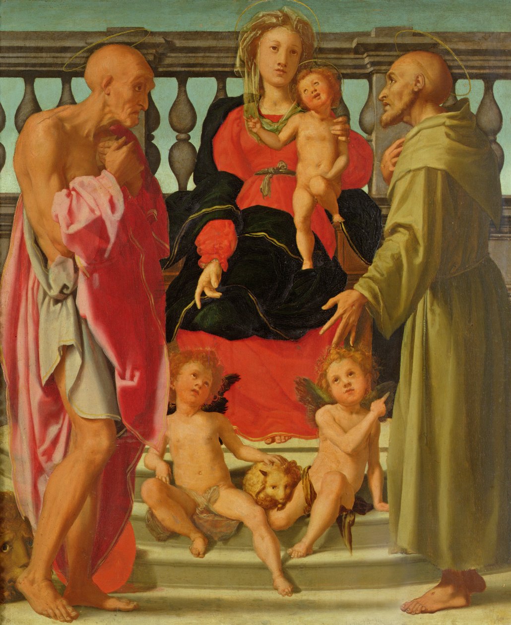 Madonna och barn med änglar och SS. Hieronymus och Franciskus, ca 1517-18 av Jacopo Pontormo
