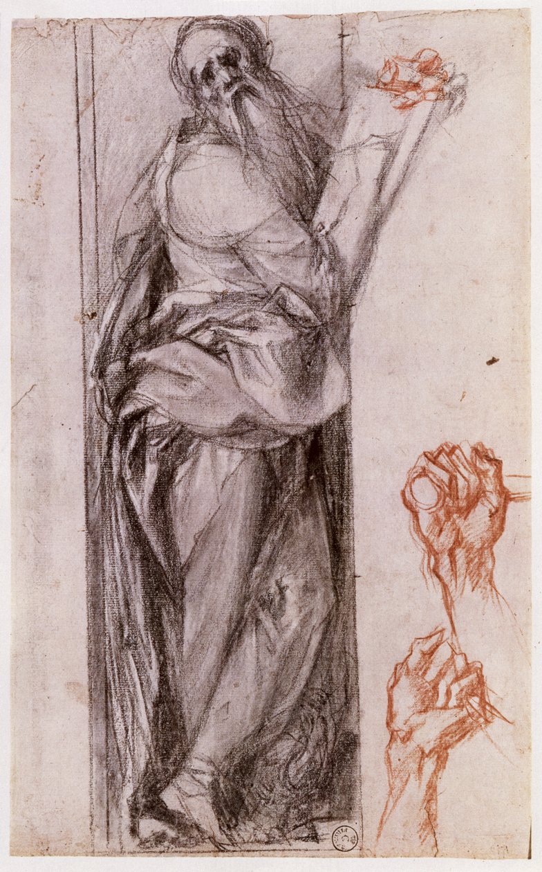 Studie av Johannes evangelisten och två studier av nävar (svart och röd krita) av Jacopo Pontormo