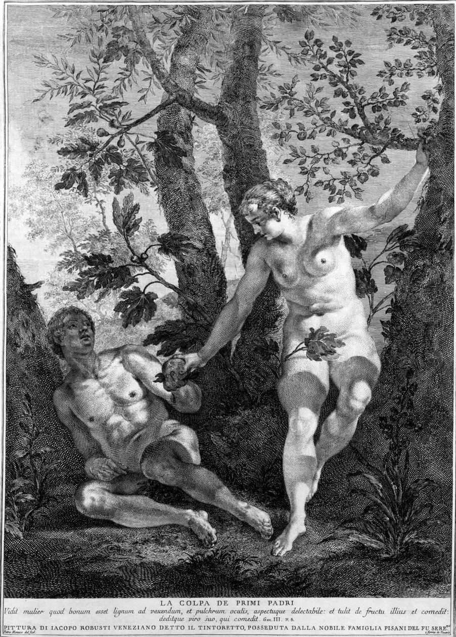 Adam och Eva, graverad av Pietro Monaco, c.1741-52 av Jacopo Robusti Tintoretto