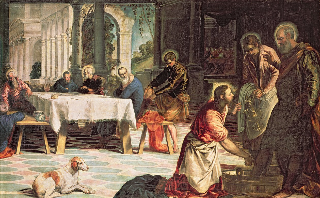 O Keriso o loo mulumuluina vae o le au soo, auiliiliga o le itu taumatau, c.1547 swed av Jacopo Robusti Tintoretto