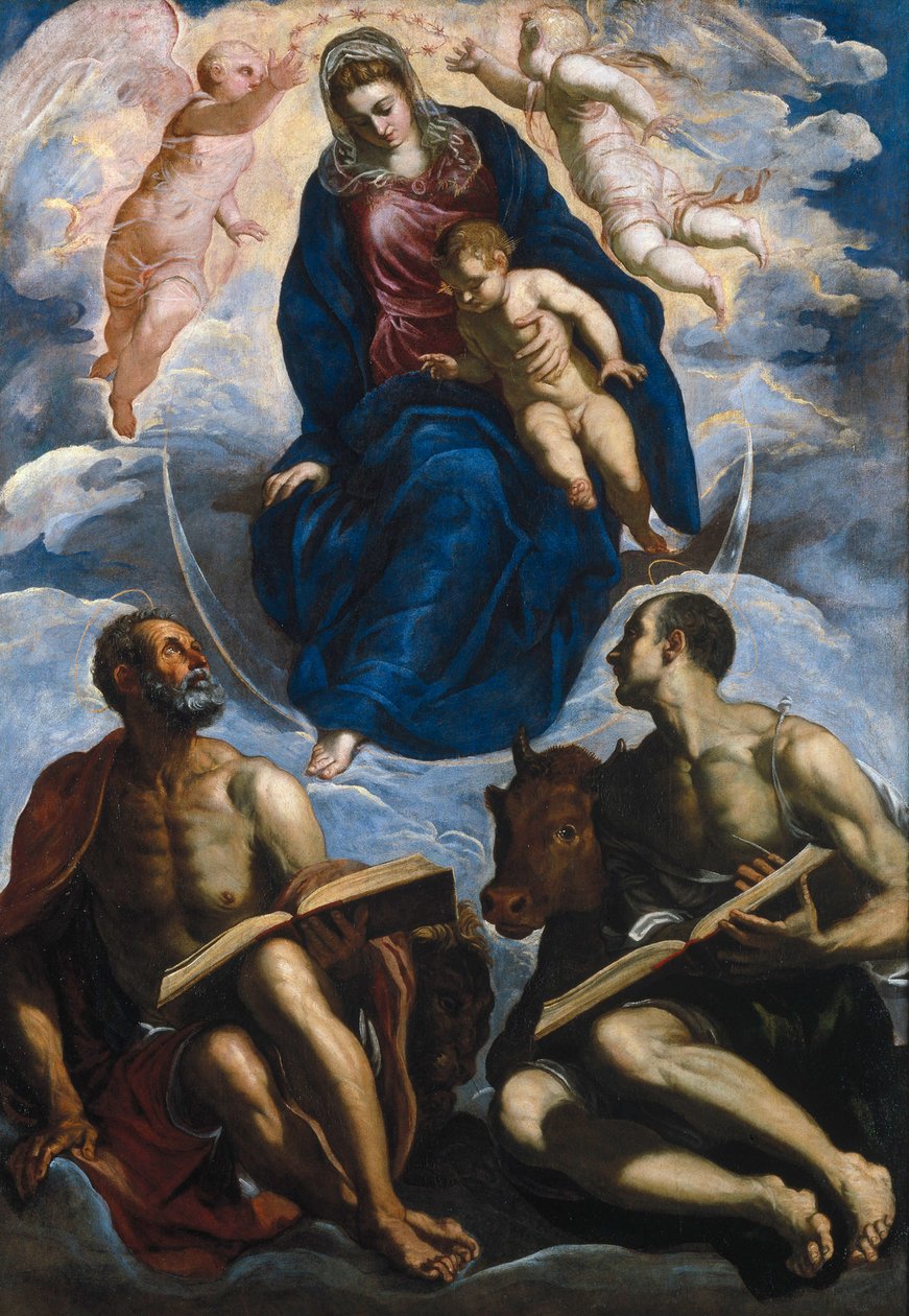 Mary with the Child, Venerated by St. Marc and St. Luke av Jacopo Robusti Tintoretto