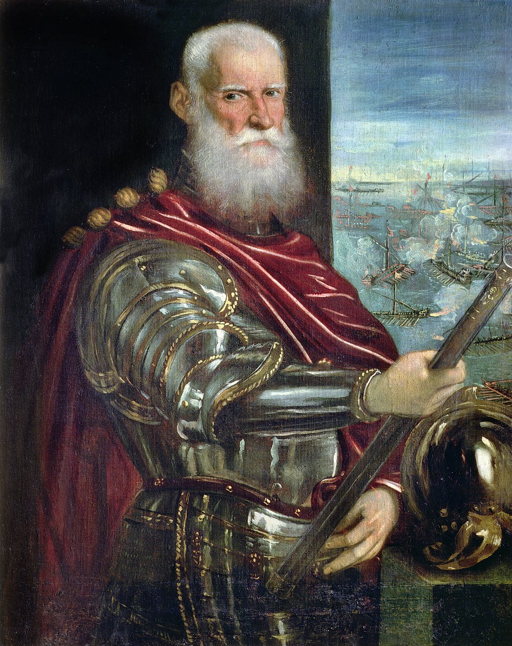 Porträtt av Sebastiano Vernier (d.1578) Överbefälhavare för de venetianska styrkorna i kriget mot det osmanska riket med slaget vid Lepanto i bakgrunden, ca 1571 av Jacopo Robusti Tintoretto