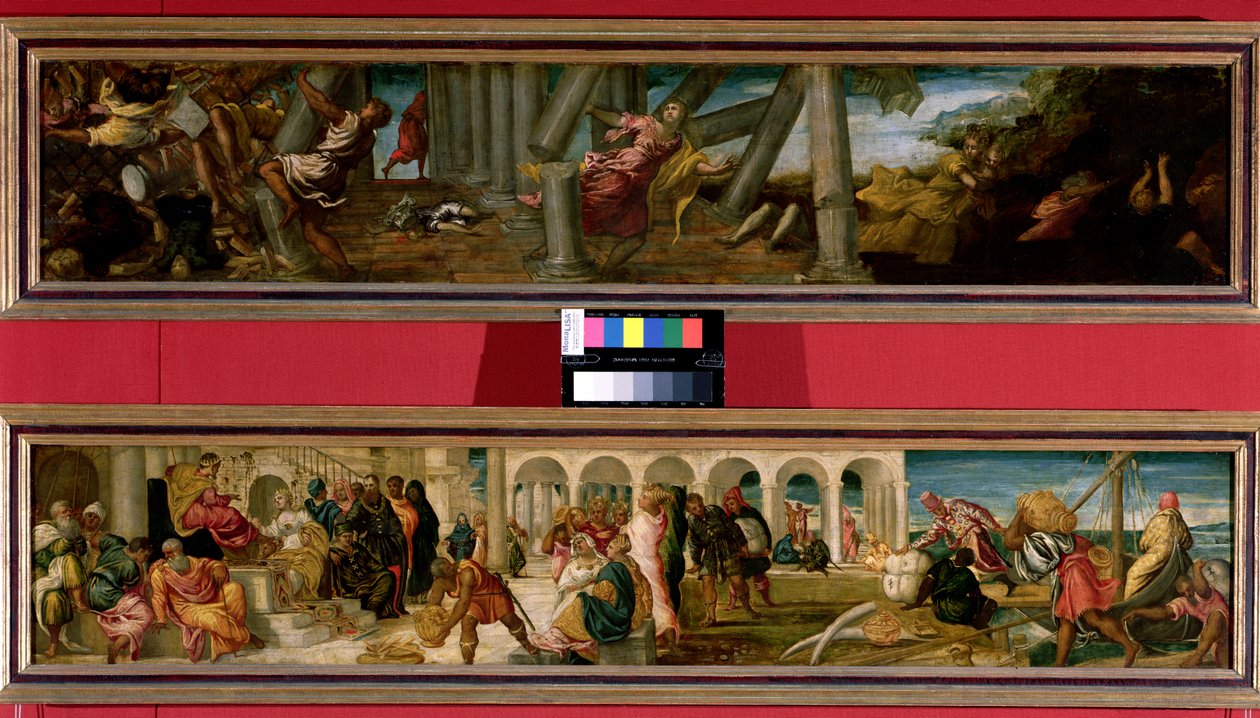 Simsons död; Drottningen av Saba före kung Salomo (ett par), 1543 av Jacopo Robusti Tintoretto