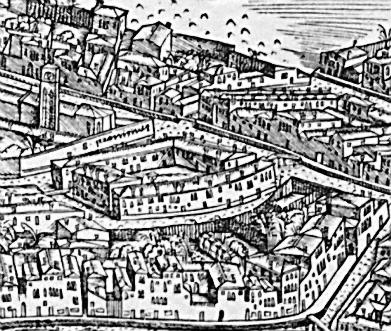 Grande Pianta Prospettica - Venedig, detalj av ghettot, omkring 1500, gravyrdetalj av 416593 av Jacopo de Barbari