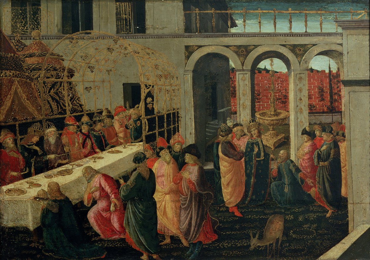 Karamu ya Ahasuero (hasira juu ya jopo) ilifanyika av Jacopo del Sellaio