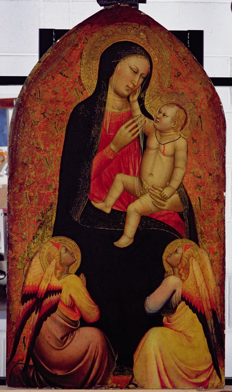 Jungfru och barn med två änglar (tempera på panel) av Jacopo di Cione