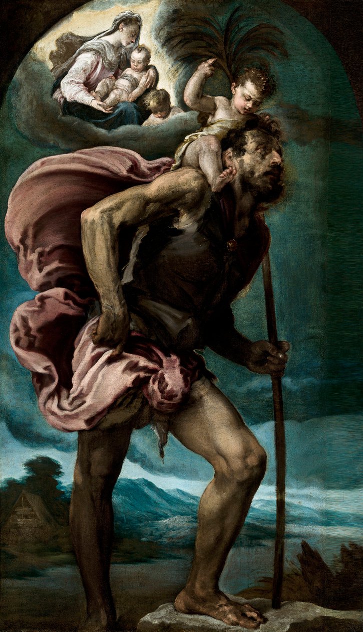 ""Saint Christopher"" Målning av Jacopo Bassano den äldre (cirka 1510-1592) 1559 Dim 148x87 cm Museo Nacional de Bellas Artes, Havanna, Kuba ©DeAgostini/Leemage av Jacopo Bassano