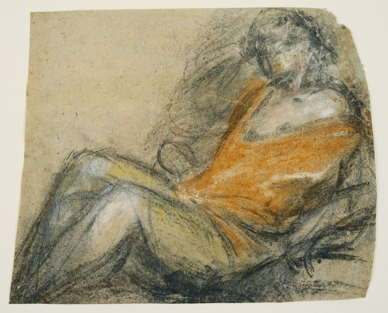 Study of a Recumbent Figure, c.1567 (svart penna, krita & grafitpenna på grått papper) av Jacopo (1510 92) Bassano