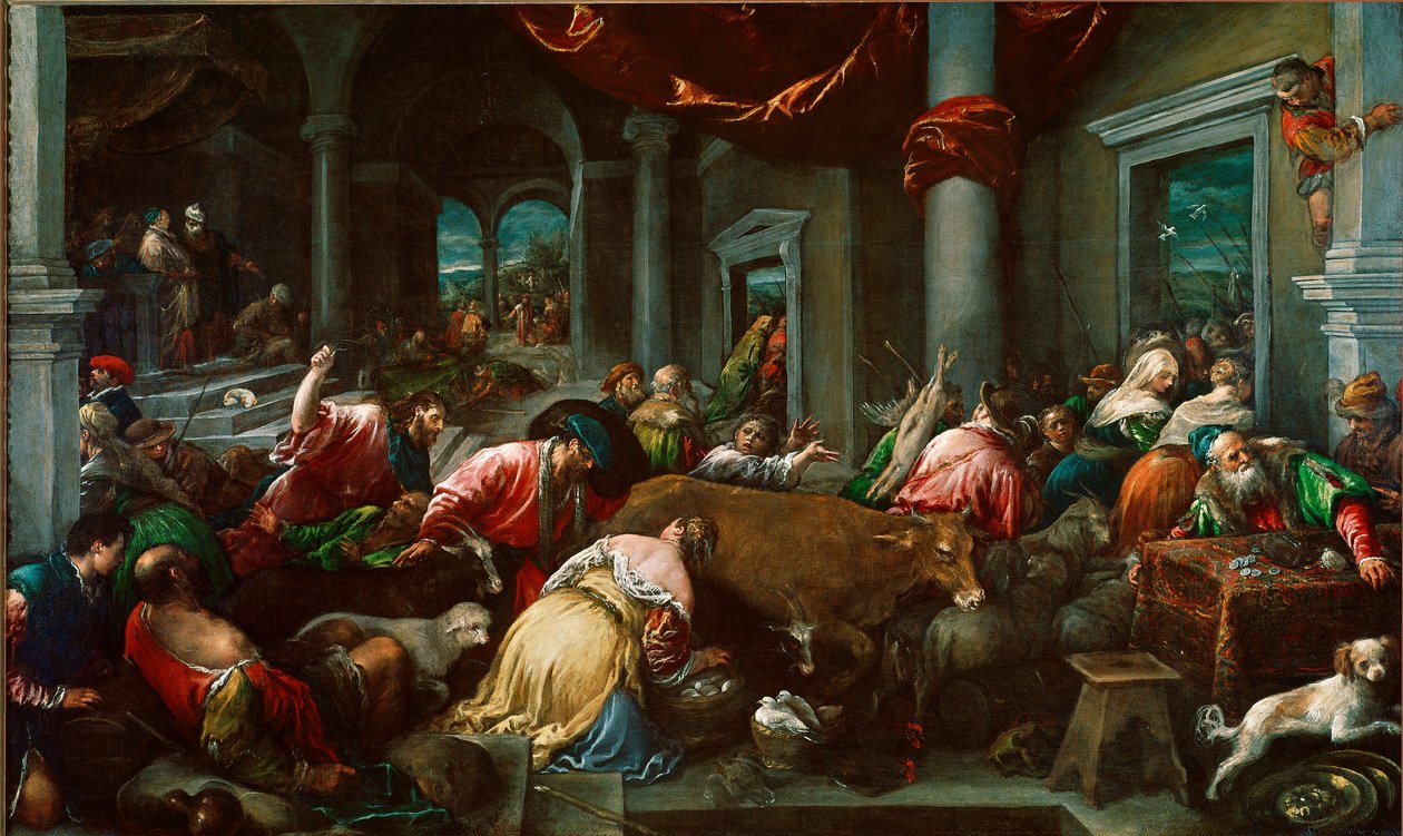 Templets rening eller "" Kristus jagar köpmän från templet"" Målning av Jacopo Da Ponte dit Jacopo Bassano (1517 ca-1592) Sön. 160x265 cm London, National Gallery av Jacopo Bassano