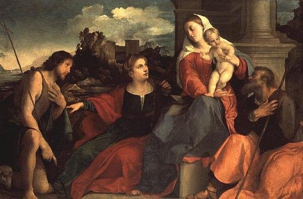 Madonna och barn med Johannes Döparen och de heliga av Jacopo (c.1480 1528) Palma