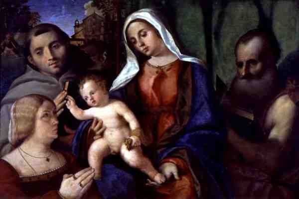Sacra Conversazione med en donator (olja på panel) av Jacopo (c.1480 1528) Palma