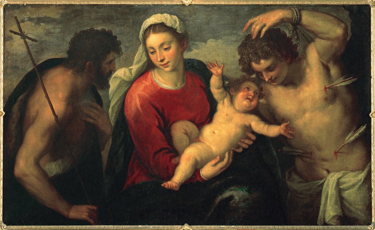 Jungfru och barn med Johannes Döparen och Sankt Sebastian ... (målning på duk) av Jacopo (c.1480-1528) Palma