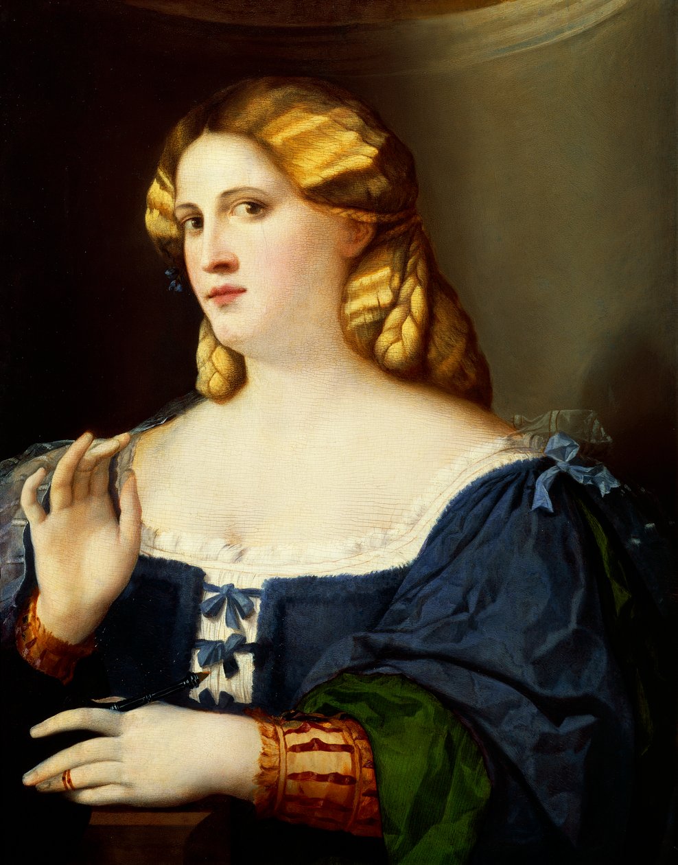 Kvinna med fläkt, av Jacopo Nigretti känd som Palma den äldre (1480-1528) av Jacopo (c.1480 1528) Palma