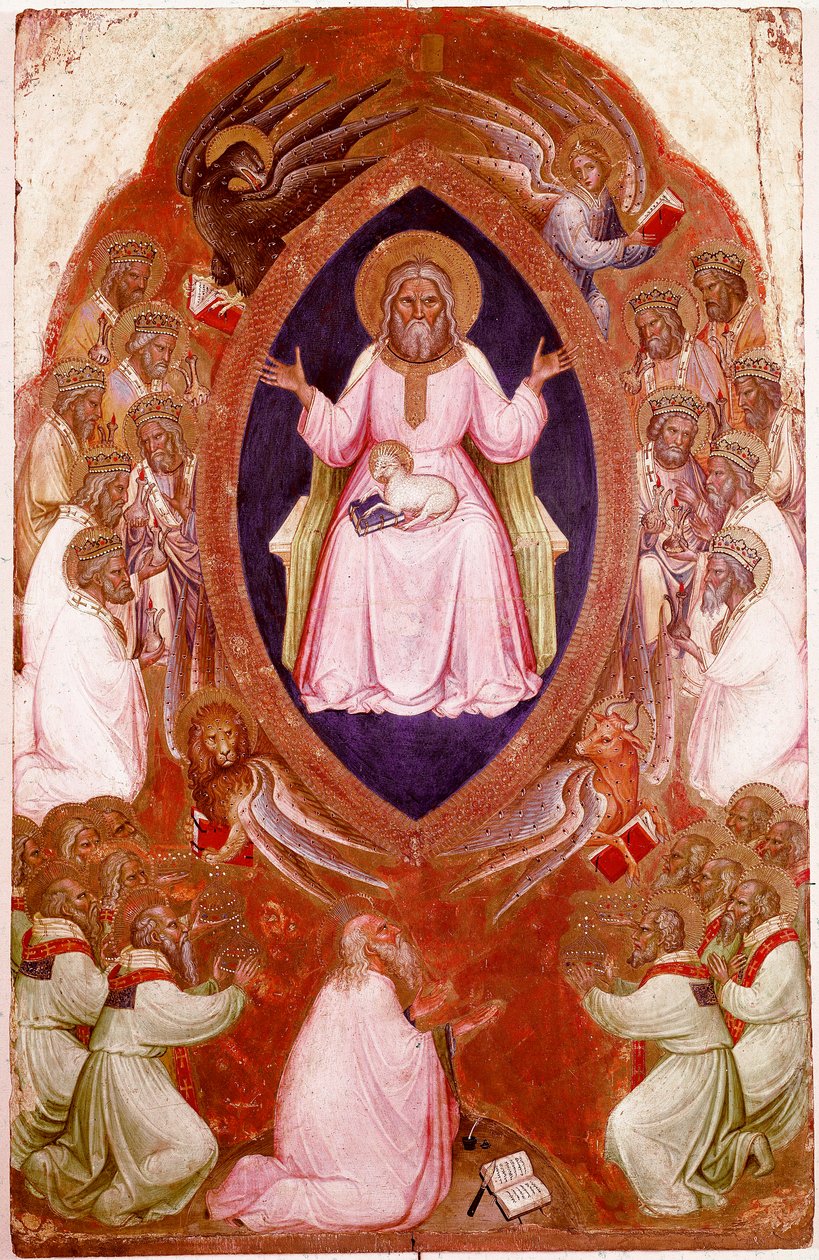 Centralpanelen i Polyptych of Revelation: The Vision of Saint John the Evangelist. Detrempe på trä av Jacobello Alberegno (ca 1367-1397) 1360-1390. Gallerie dell