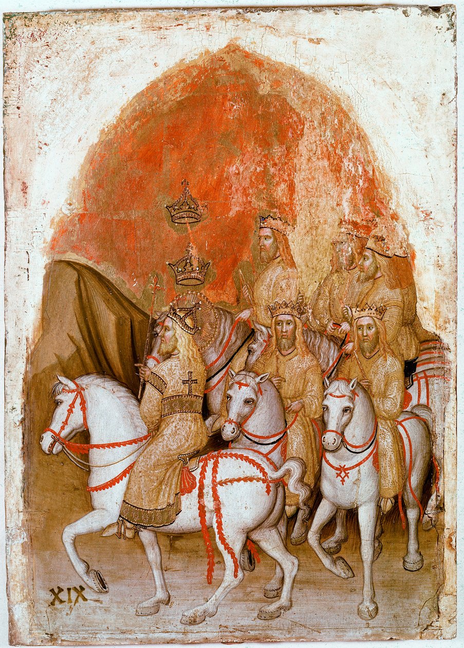 Höger panel av Polyptyken av Uppenbarelse: representation av de sju kungarna som sedan kommer att inkarneras av Bete med sju huvuden. Detrempe på trä av Jacobello Alberegno (ca 1367-1397) 1360-1390. Gallerie dell