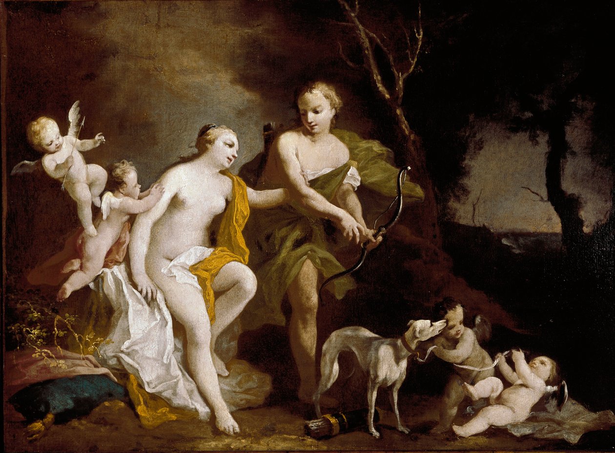 Venus och Adonis (Olja på duk av Jacopo Amigoni
