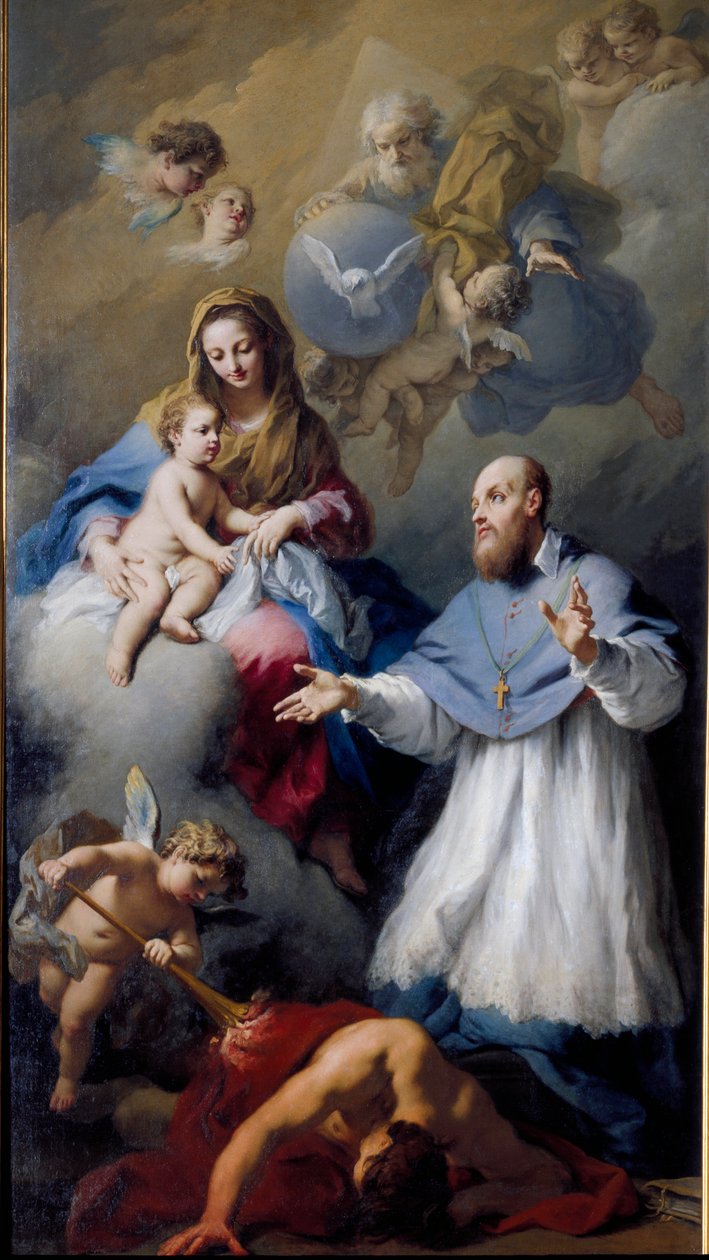 Jungfru och barn med Saint Francois-de-Sales (1567-1622), eveque av Genève Representation av den heliga treenigheten med Jesus Kristus, Gud och den helige Andes duva. Målning av Jacopo Amigoni (1675-1752) 1743 Venedig, kyrkan Santa Maria della Fava av Jacopo Amigoni