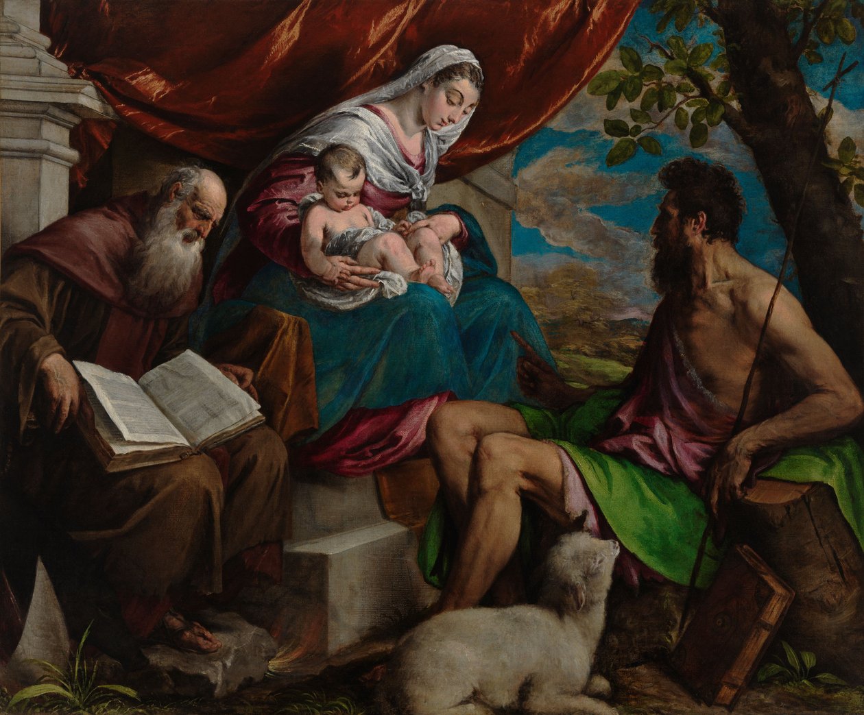 Jungfrun och barnet med Johannes Döparen och den helige Antonius abboten av Jacopo Bassano