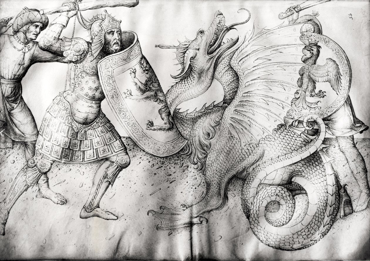 Strid mellan krigare och en drake, ca 1450 (bläck på veläng) av Jacopo Bellini