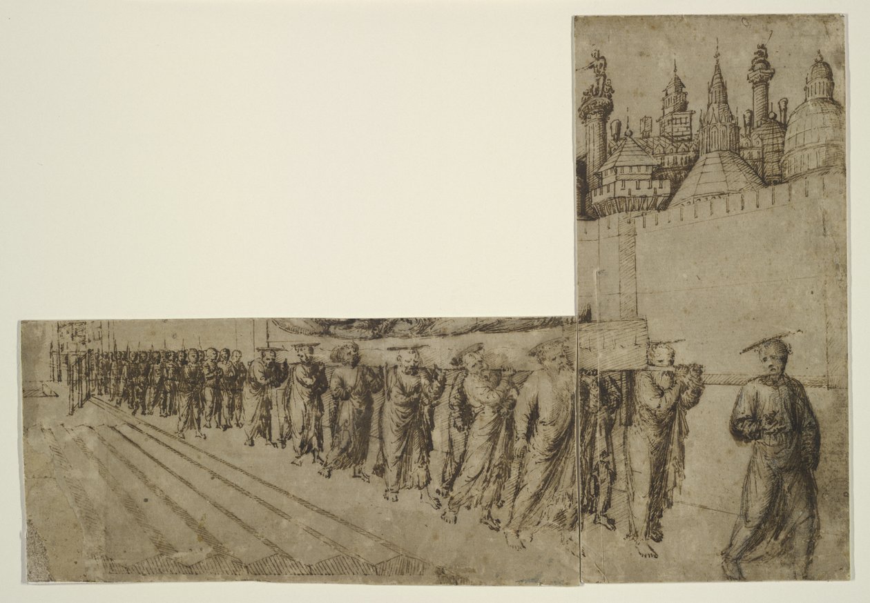 Jungfruns begravning (brunt bläck över svart krita på krämfärgat antikt papper) av Jacopo Bellini