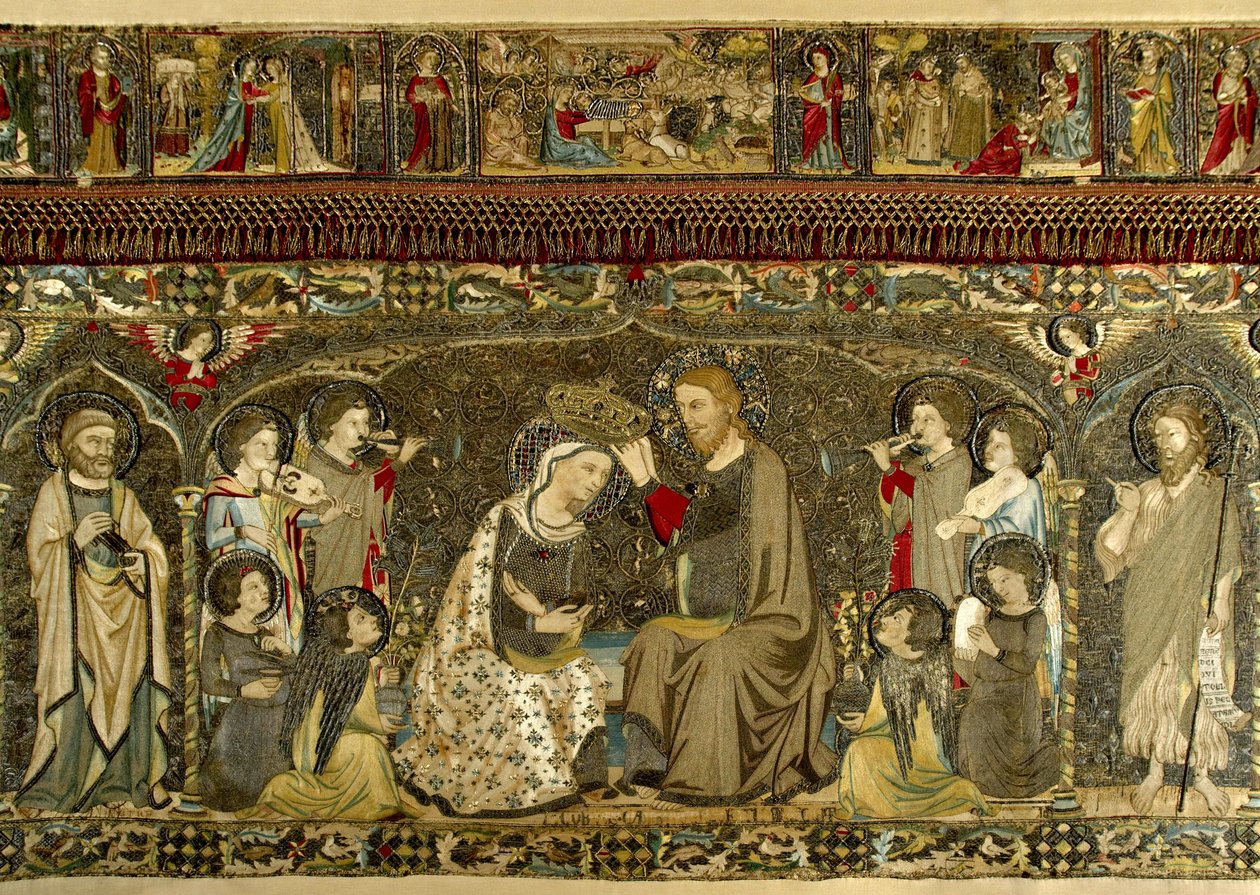 Jungfruns kröning mellan åtta änglar och fjorton heliga (kyrkligt broderi) av Cambi, Jacopo (aktiv ca 1336) av Jacopo Cambi