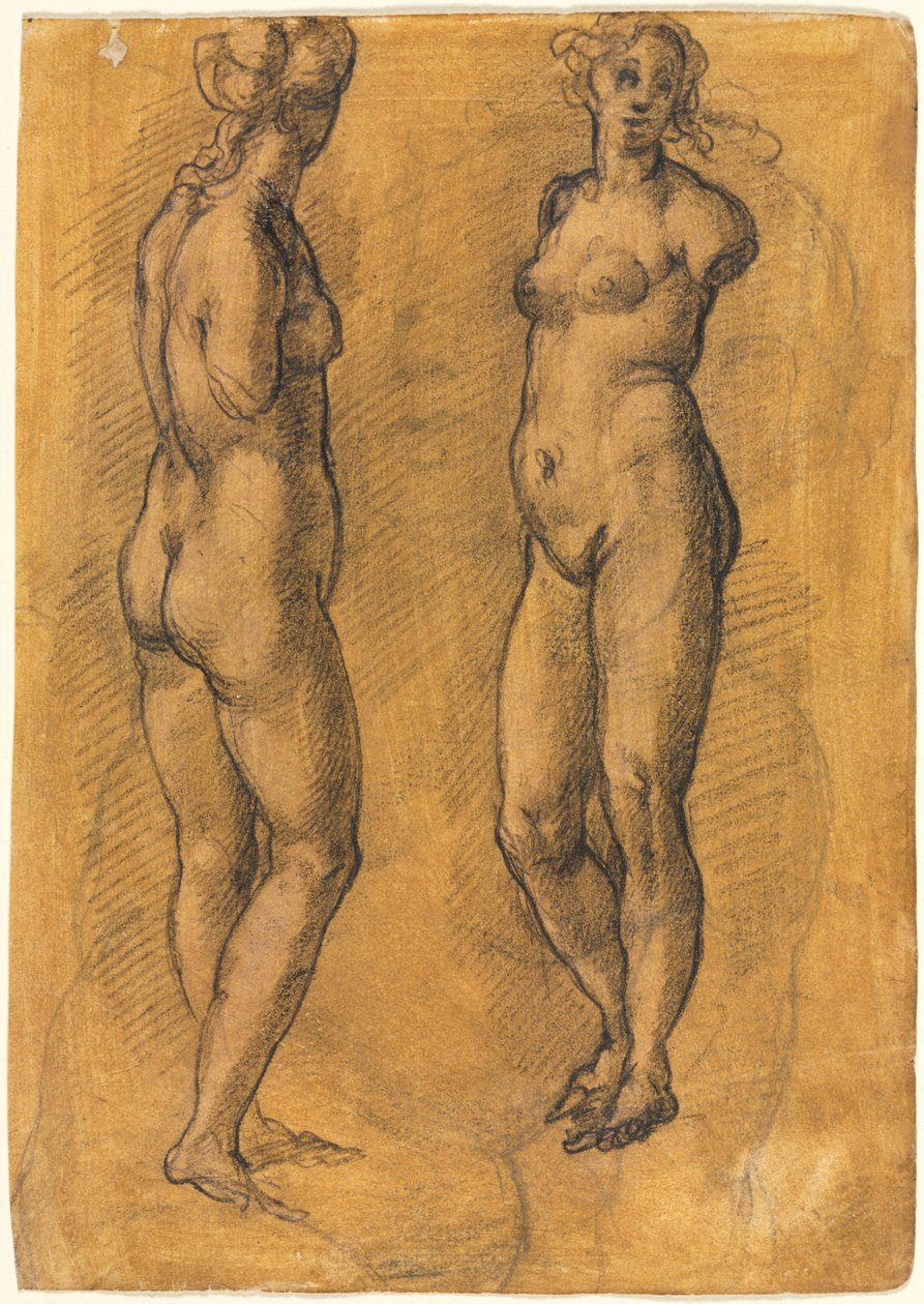 Kopia av en antik staty av en stående kvinna två vyer, över en skiss av en Putto, 1570-talet. av Jacopo Chimenti