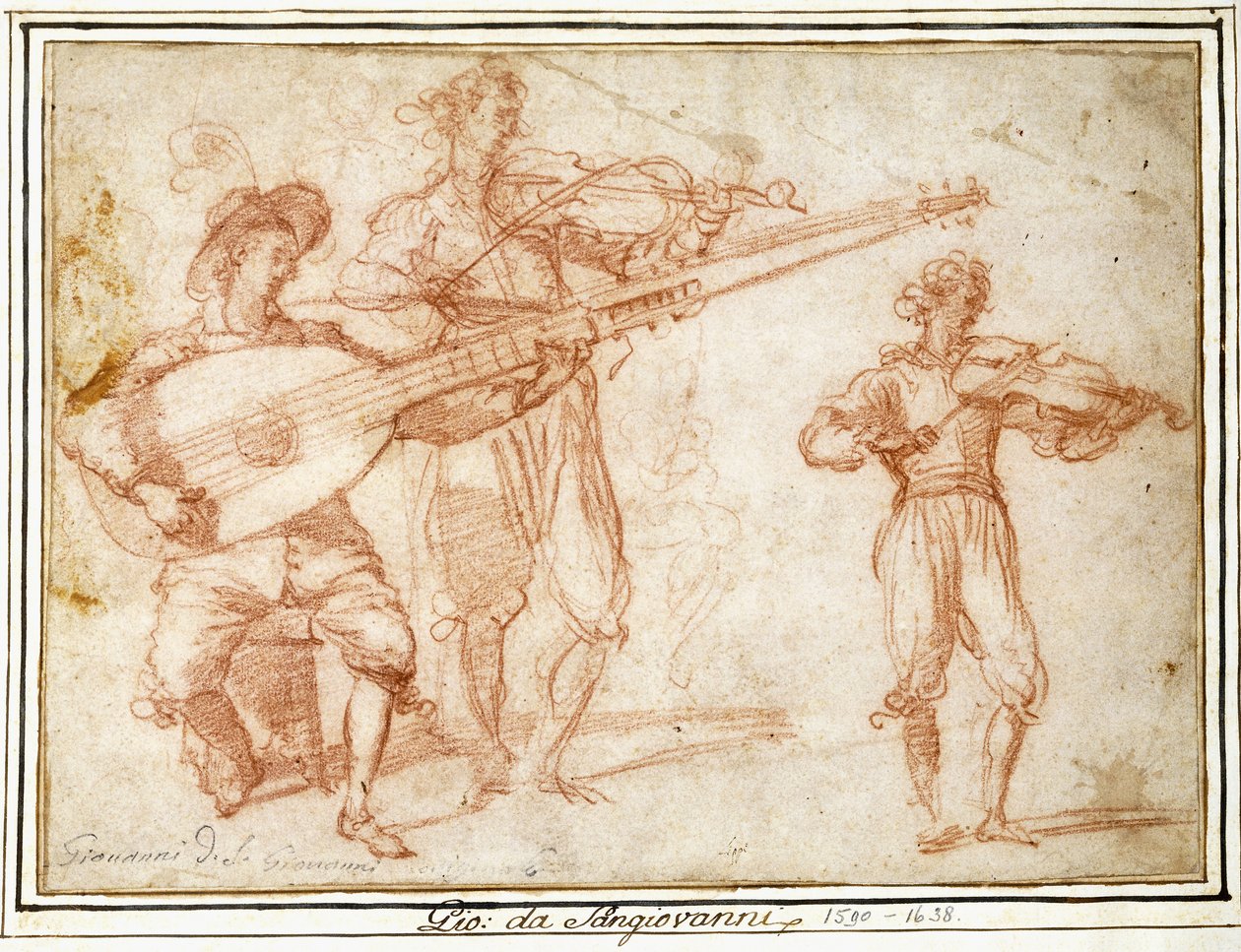 Två musiker som spelar en Chiatarrone och en violin, med en understudie av den andre musikern av Jacopo Confortini