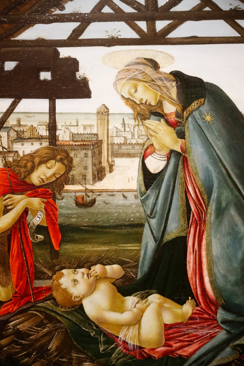 Jungfru Maria och Johannes Döparen med barnet framför en vy över Venedig av Jacopo Foschi