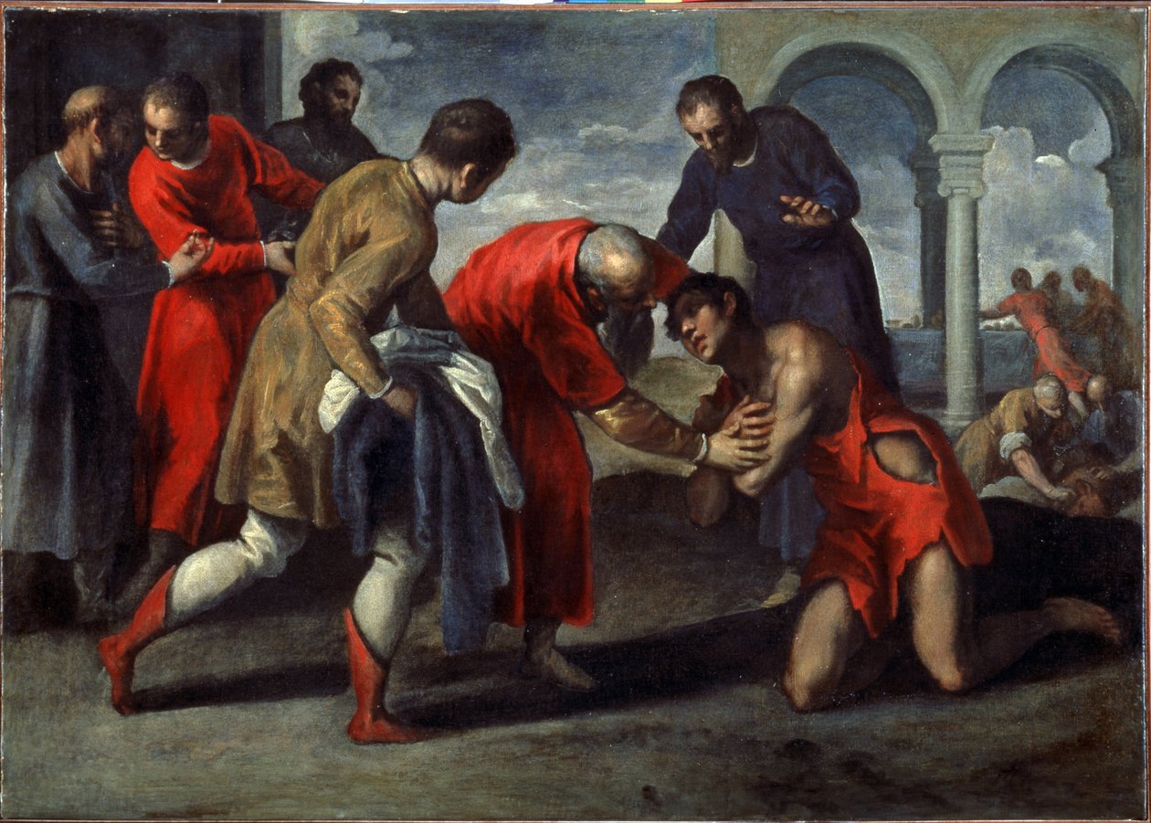 Den förlorade sonens återkomst. Målning av Jacopo Palma il Giovane den yngre (1544-1628), efter 1600. Olja på duk. Italiensk konst, manneristisk stil. Galleria dell