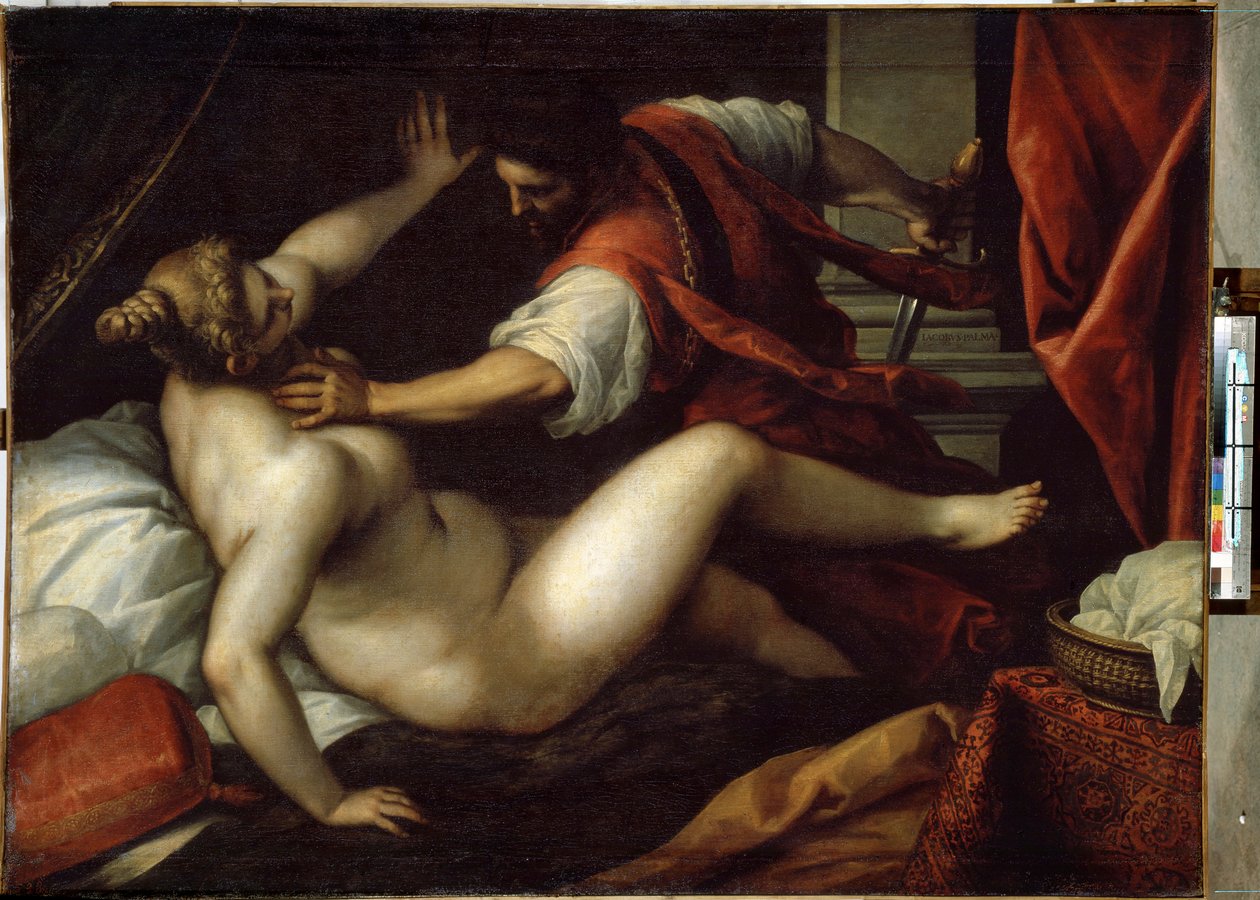 Tarquin och Lucretia (Tarquinius och Lucretia). Sextus Tarquinius våldtar Lucretius, en händelse som skulle ha lett till monarkins fall och republikens början i antikens Rom, 509 f.Kr. Målning av Jacopo Palma il Giovane (De unga av Jacopo Il Giovane Palma
