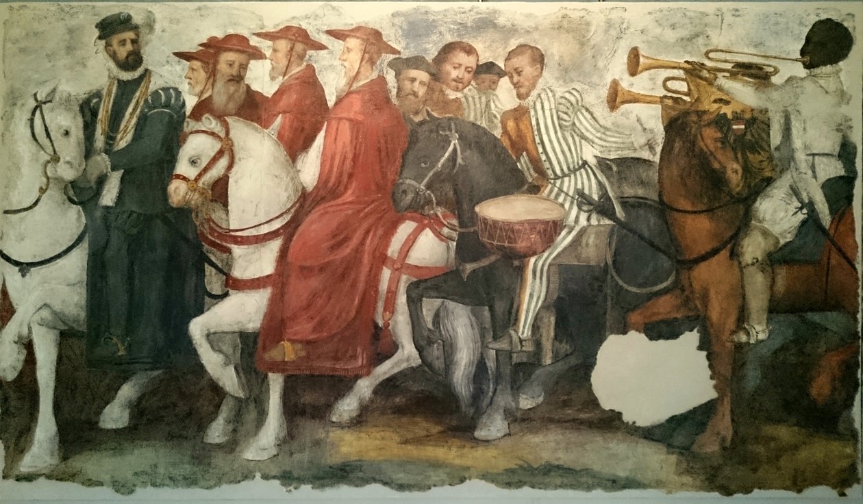 Karl V:s och Clemens VII:s kavalkad: Henrik av Nassau bär Burgunds gyllene skinnkrage och följs av biskopar, prelater och trumpetare. av Jacopo Ligozzi